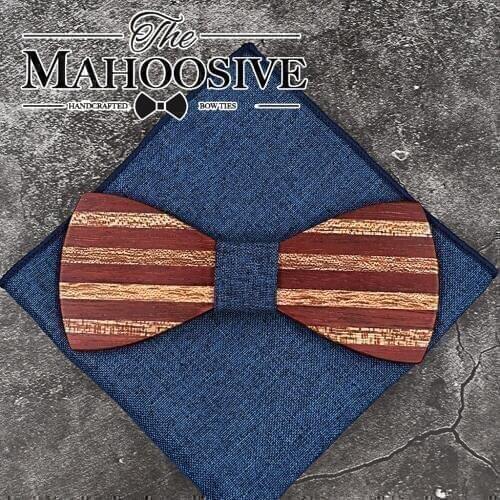 Mahoosive Patchwork Mens wooden bow tie for men wedding marry Pocket square Handkerchief Set