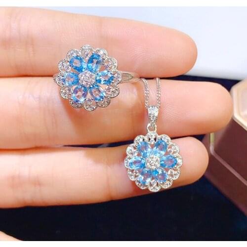 Natural Blue Topaz Jewelry Sets for Women Party Necklace and Ring Oval Cuted Gemstones With Certificate Gifts S925 Sliver 3*4MM