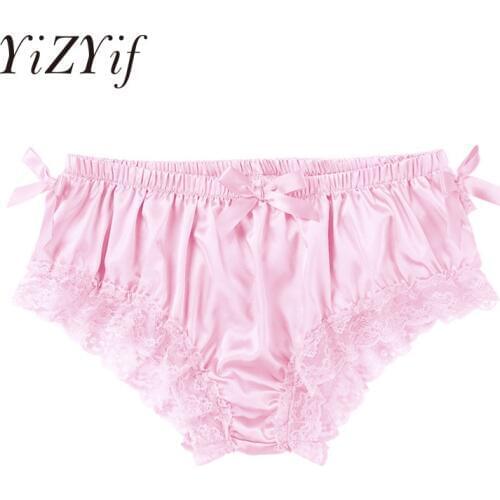 YiZYiF Mens Sissy Underwear Gay Men Shiny Soft Satin Panties Sexy Lingerie Ruffled Floral Lace Cute Bowknot Knickers Briefs Men
