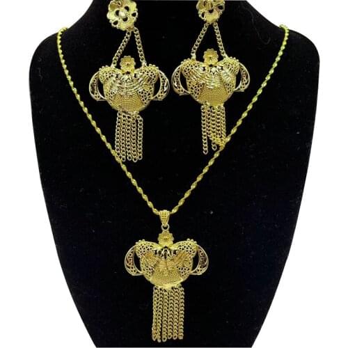 New Women Fashion Gold Color African Nigerian Jewelry Set Wedding Necklace Bracelet Earrings Ring Jewerly Sets