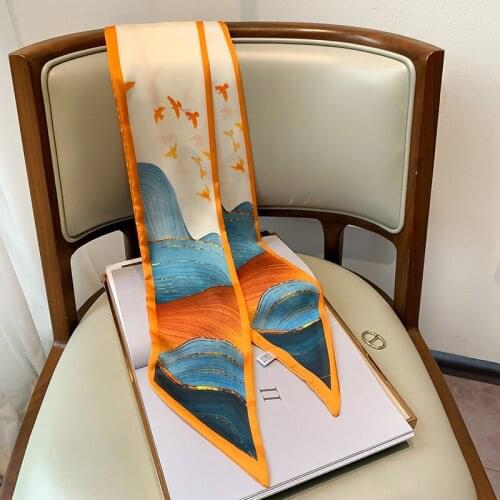 New Aesthetic Fashion flower printing long silk scarf female Literary Party travel hair decorative headband tie wrist strap bag