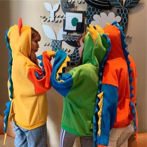 Autumn Dinosaur Hoodies Womens Clothes New Korean Fashion Cute Sweet Loose Cartoon Sweatshirts Casual Long Sleeve Splice Tops