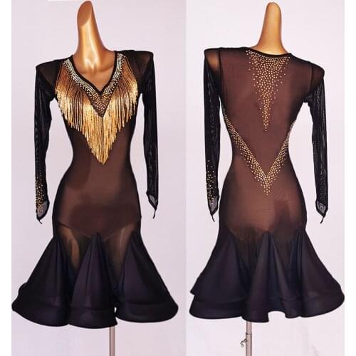 New Latin Dance Competition Dress For Women Long Sleeve Shiny Golden Fringe See Through Sexy Rumba Tango Samba Clothes DQL5304