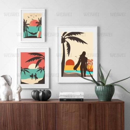 Poster of a Character Holding a Surfboard On The Beach Home Decoration Items. Nordic Modern Style for The Living Room