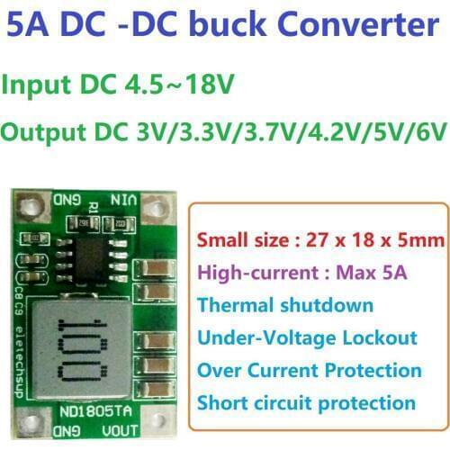 Mini-Size 5A Dc-Dc Regulated Buck Converter Module 4.5v-18v To 3v 3.3v 3.7v 4.2v5v 6v