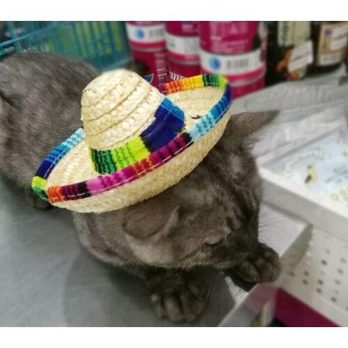 Straw Sombrero Mexican Hat Pet Adjustable Buckle Multicolor Pet Straw Dog Cat Hat