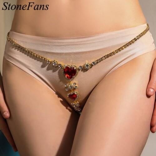 Stonefans Bright Red Big Crystal Heart Shape Thong Pants for Women Charm Rhinestone Body Chain Jewelry Summer Beach Accessories