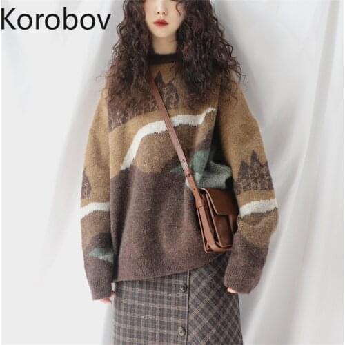 Korobov Women Sweaters 2020 New Vintage O Neck Long Sleeve Print Sueter Mujer Harajuku Ulzzang Knitted Pullovers Femme