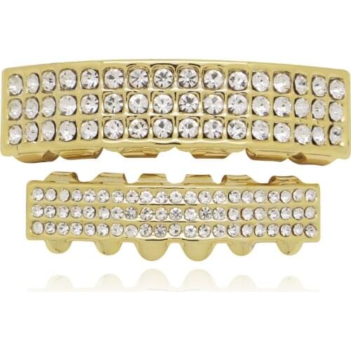 Three rows drill square Grillz for teeth gold braces Iced Out Dental Cospaly Teeth Caps Hip Hop Tooth Clip Mouth Rapper Jewelry