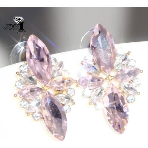 YaYi Jewelry Pink Flower Dangle Crystal Women Ancient Gold Color Wear Ear Band Tassel Wedding Stud Drop Hoop Clip Earrings