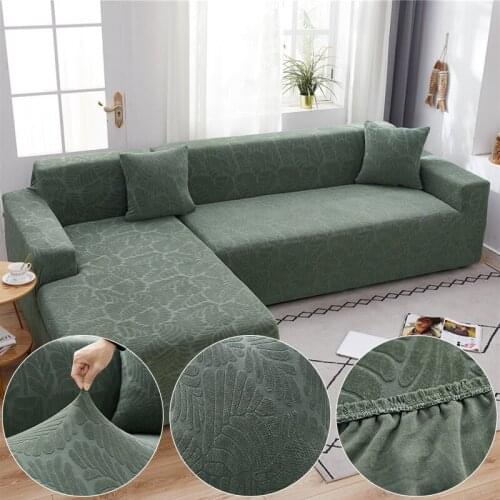 Jacquard Plush Fabric Green Sofa Cover For Living Room Solid Color All-inclusive Modern Elastic Corner Couch Slipcover 45010