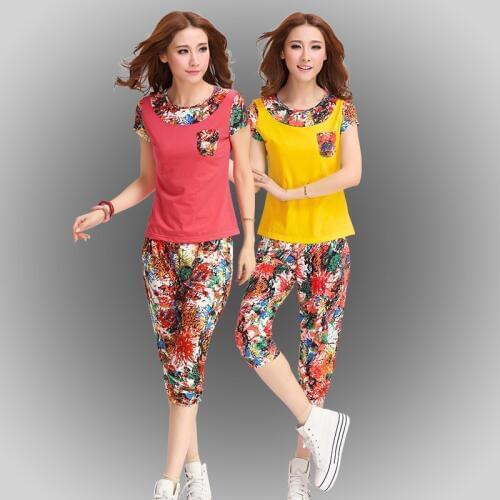 Womens New Summer Large Size 2 Piece Suit Female Casual Short Sleeve T-shirt + Printed Loose Pants Two Piece Suit Costume Femme