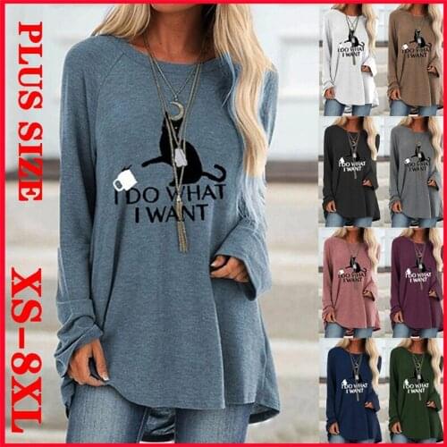 New Women Spring Autumn Clothes Casual Printed Round Neck Long Sleeves Tunic T-Shirt Loose Cotton Pullover Plus Size