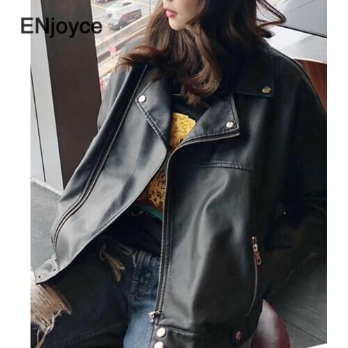 2020 Autumn Vintage Black PU Leather Loose Turn-down Collar Zipper Korean Fashion Loose New Womens Wild Jacket