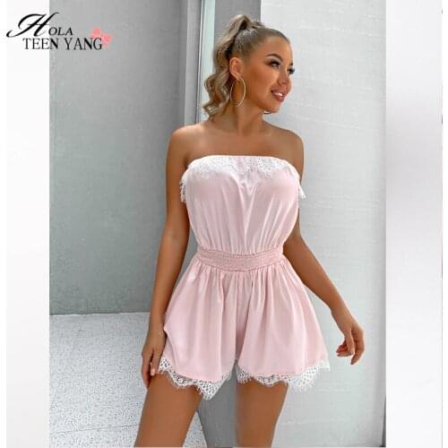 Lace Ruched Solid Color Pink Date Playsuits Women Strapless Soft Summer Beach Loose Overalls Backless Patchwork Sexy Party Rompe