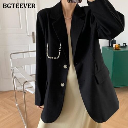 BGTEEVER Elegant Loose Single-breasted Pearls Women Blazer Spring Notched Collar Full Sleeve Female Jackets Ladies Suit Coats