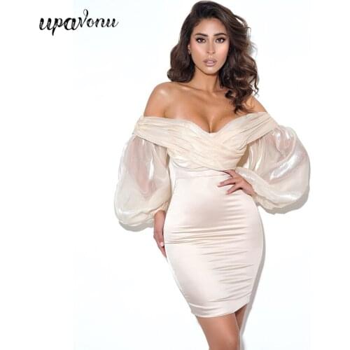 Free Shipping 2021 Women High Quality Satin Dress Sexy Card Shoulder Lantern Long Sleeve Bodycon Halter Dress Club Party Vestido