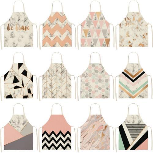 1Pcs Geometric Printed Kitchen Aprons for Woman and Man Home Cooking Baking Shop Cleaning Cotton Linen Apron WQCN37