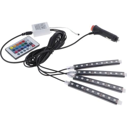 4X 9 LED Car Interior USB Charger RGB Atmosphere Lights Strip Remote Control