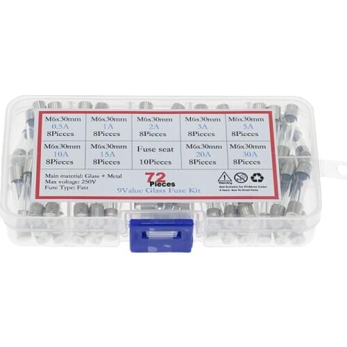 72pcs, 9 specifications, boxed, 6x30, glass fuse, 0.5A~30A fuse, high quality, fuse set