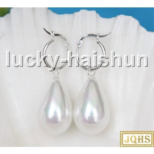 AAA Genuine 16X25mm drip white south sea shell pearls Earrings 925sc hoop c27