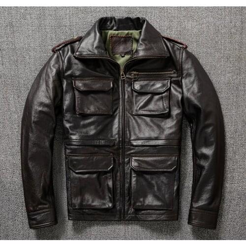 Free shipping.Winter Classic Quality Fathers genuine leather jacket.outdoor hunting cowhide coat.Plus size M65 leather cloth