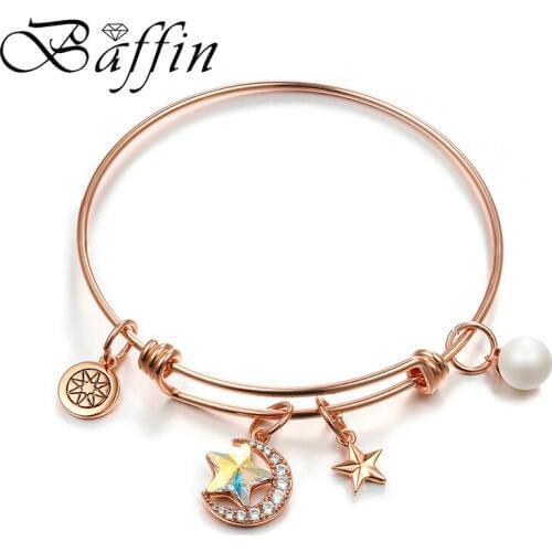Bohemian Moon Star Beads Bangle Bracelet DIY Jewelry Rose Gold Color Crystal Pearl Hand Pulsera For Women Girls Gift