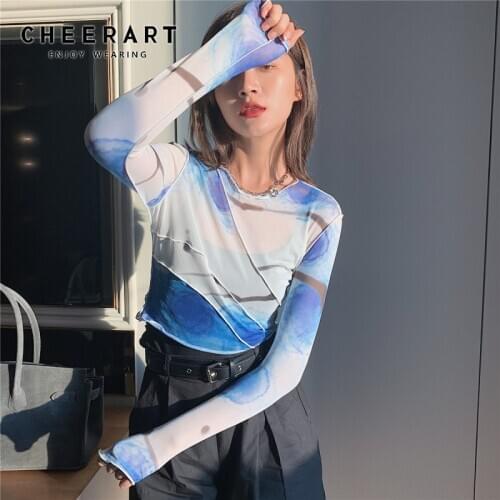 CHEERART Mesh Crop Top Long Sleeve T Shirt Women Printed Tshirt See Through White Ladies Tight Top Patchwork 2021 Fashion