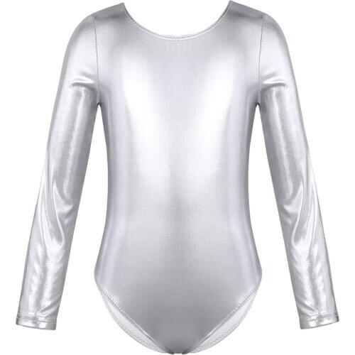 Kids Long Sleeves Shiny Solid Color Gymnastics Leotard Girls Ballet Sports Dancewear Competition Stage Performance Dance Costume