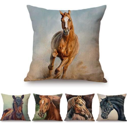 Oil Painting Horse Watercolor Splash Art Horse Decorative Pillow Case For Home Decoration Cotton Linen Chair Seat Cushion Cover