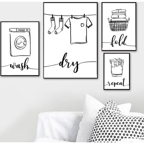 Canvas Painting Nordic Poster Wash Dry Fold Repeat Laundry Sign Black White Wall Art Pictures Bathroom Home Decor Modular