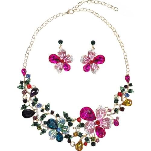 MIQIAO Color Crystal Full Zircon Luxury Flower Pendant Collar Necklace Stud Pericing Earrings Jewelry Sets for Women Wedding Boh