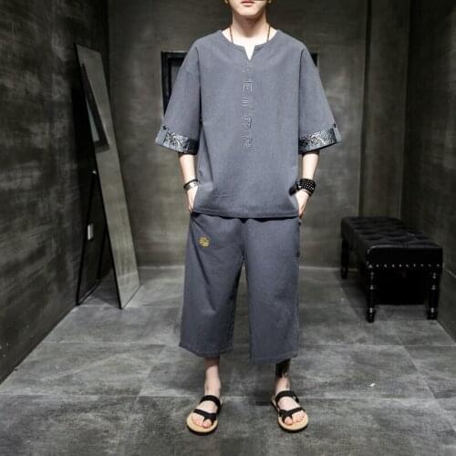 2Pcs Retro Chinese Traditional Man Clothing Set Linen Summer Half Sleeve V-Neck T-Shirt Solid Oriental Kung Fu Tang Suit 31176