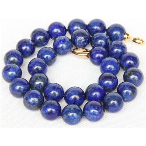Hot sale Free Shipping>>>>>natural 18" 14mm round lapis lazuli necklace gold clasp