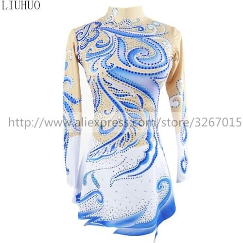 LIUHUO Competition Figure Skating Dress Womens Girls' Ice Skating Dress Roller skating long sleeve Adults Kids StandcollarBlue