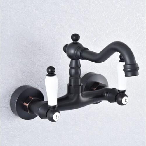Oil Rubbed Bronze Bathroom Basin Faucet Wall Mounted Double Handle Swivel Spout Hot and Cold Mixer Faucet Nsf753