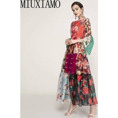 MIUXIMAO 2021 Spring Long Dress Bohemia Designer WomenS Flare Sleeve Colorblock Print Vintage Elegant Party Dresses Vestidos
