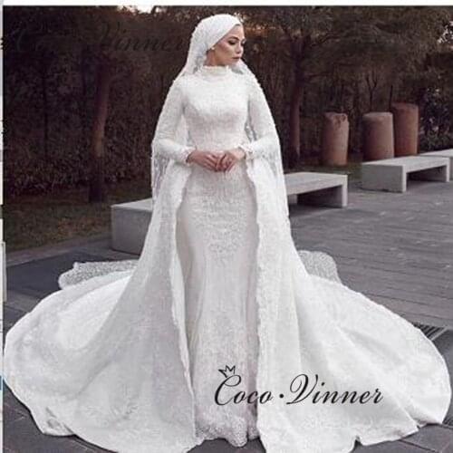 High Neck Long Sleeves Muslim Wedding Dress New 2 in 1 Mermaid Wedding Dress With Detachable Tail Wedding Gown W0809
