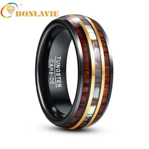 8mm Black Gold Inlaid Wood Grain Abalone Shell Tungsten Carbide Ring Mens Fashion Wedding Jewelry Best Gift