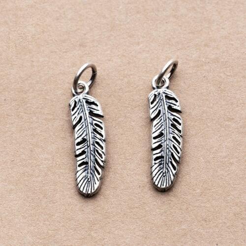925 Sterling Silver Vintage Handcraft Matte Japan Feather Charms 22mm Fancy Small Dangle Pendants DIY Jewelry Accessories Gift