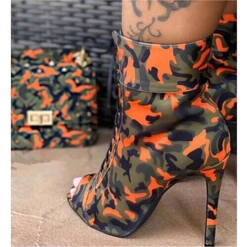 2020 New Fashion Mixed color Camouflage Peep Toe Women Ankle Boots High Quality Thin High Heel Lace Up Short Booty Big Size 43