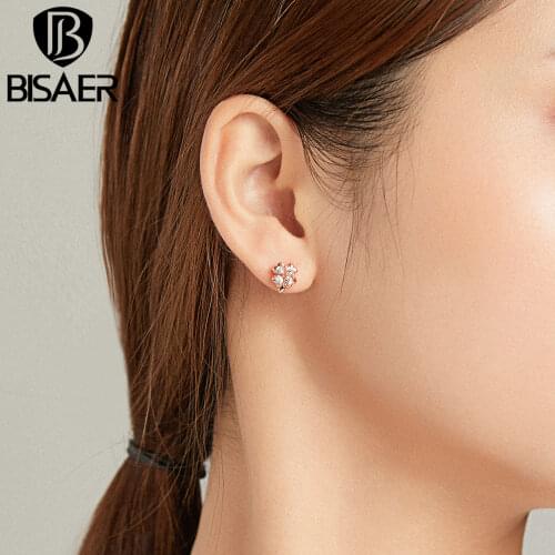BISAER Earrings 925 Sterling Silver Lucky Grass Butterfly Studs Small Stud Earrings for Women Jewelry Gift ECE1008