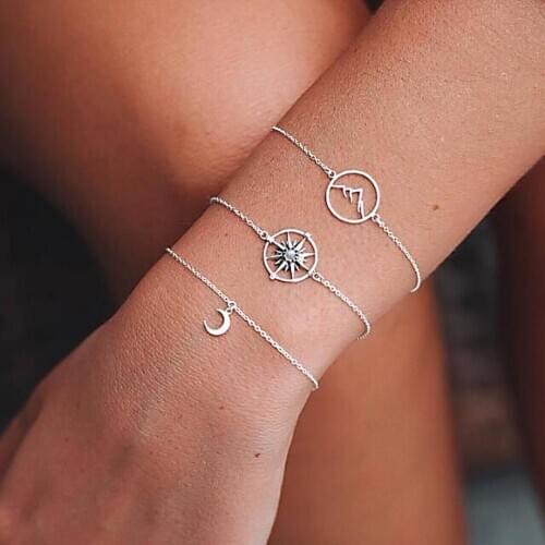 2019 Fashion 3Pcs Boho Multilayer Women Hollow Compass/Mountain/Moon Charm Chain Bracelet