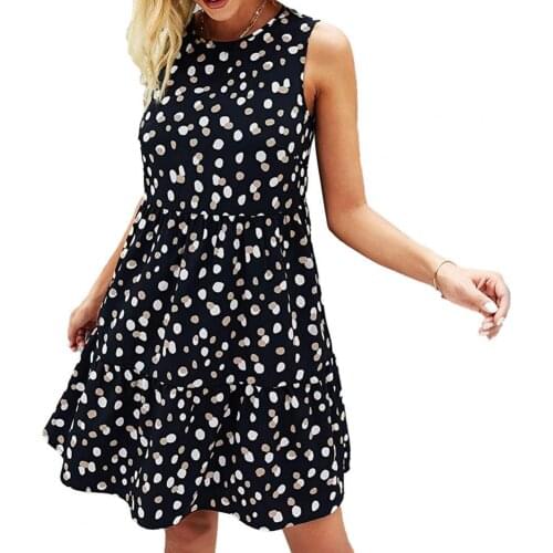 50% Hot Sales Summer Women Sundress O Neck Dots Print Sleeveless Large Hem Loose Knee-length Dress for Office