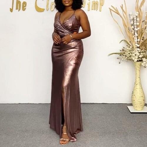 Summer 2021 Fashion Western Style Oversize Casual Womens Dress Backless Sexy Bronzing Split Fork High Waist V-neck