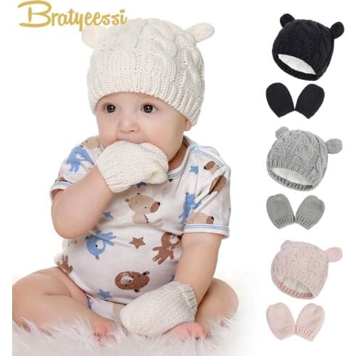 Winter Baby Hat Gloves Set Cotton Lining Warm Kids Beanie Infant Boys Girls Bonnet Baby Hats for Newborn Snow Cap Gift 0-18M