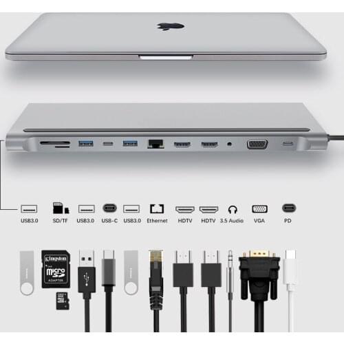 12-in-1 Type-C HUB 4K Docking Station PD Laptop Docking Stations MST Dual Monitor Dual HDTV VGA RJ45 SD TF for Laptop MacBook