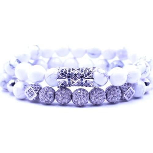 8mm 2PCS/Set silver rg3 elastic adjusted nature white Howlite bead micro pave cz zircon cubic zirconia tube Bracelet