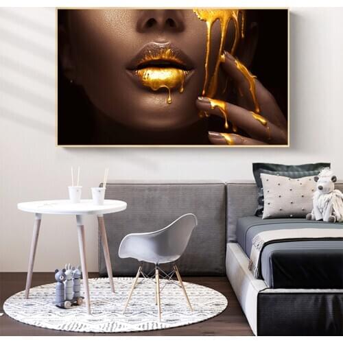 CNPAINTING Wall Art Golden Lip Modern Portrait Poster Canvas Painting Women Pictures For Living Room Home Decor No Frame
