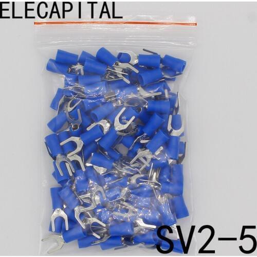 SV2-5 Blue Furcate Insulated Wiring Terminals Cable Wire Connector 100PCS/Pack Insulating Cable Lug terminals SV2.5-5 SV